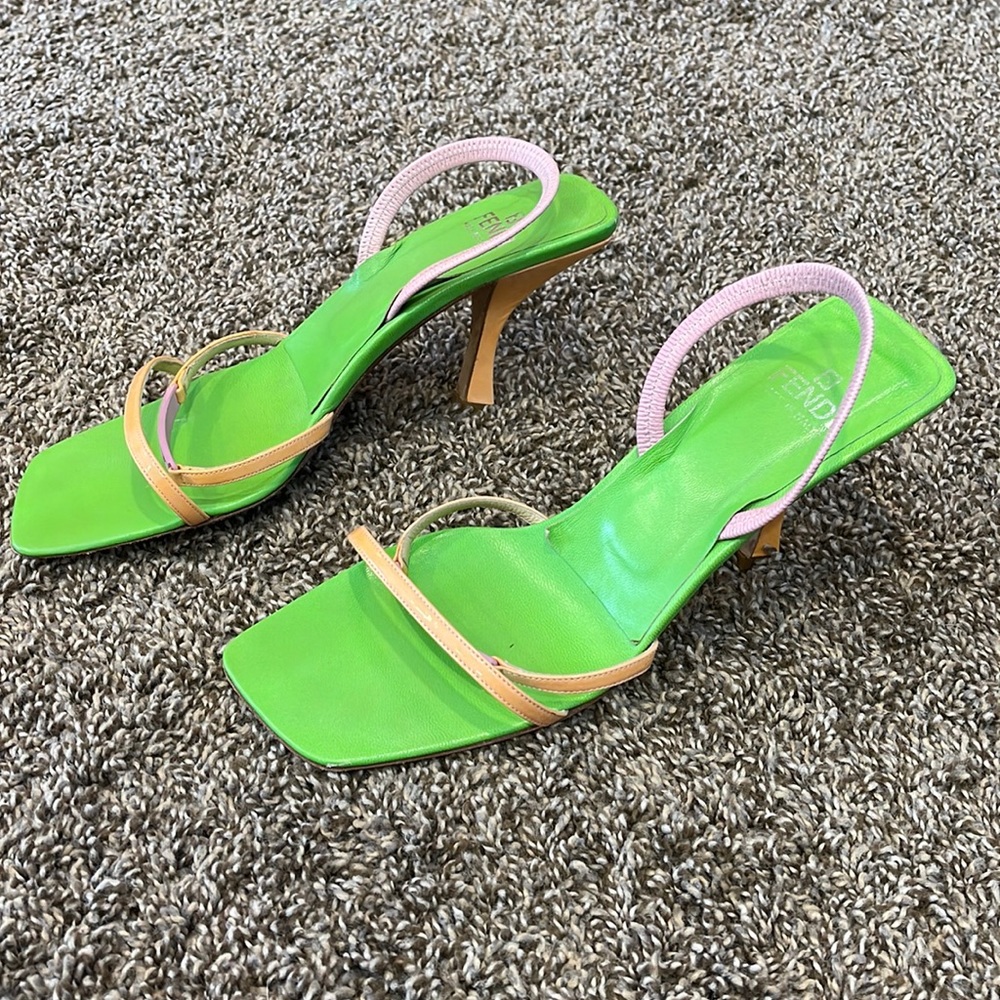 FENDI women’s sandals w/ kitten heels, Sz 37, Green/Pink/Orange, Made in Italy